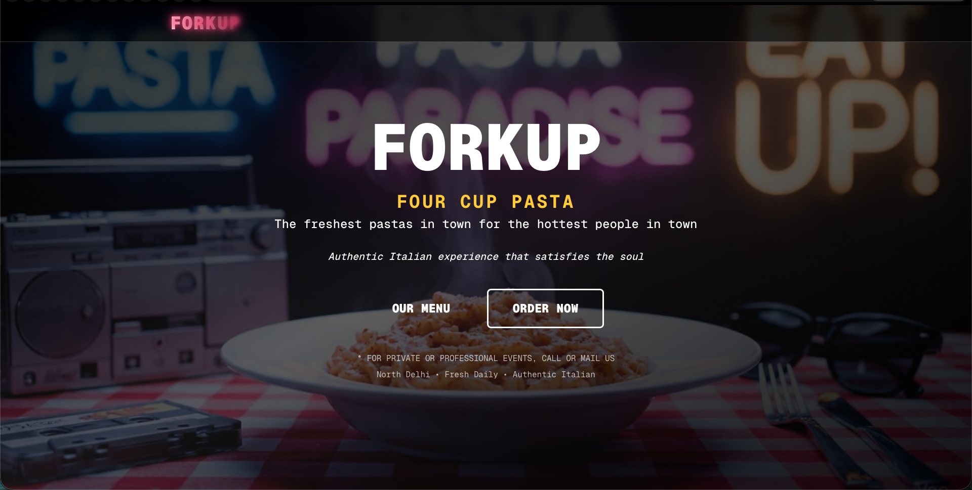 Forkup Italian Pasta Website - Modern neon-themed restaurant website and ordering platform built with Next.js and Tailwind CSS